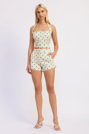 Poplin Polka Dot Midi Waist Shorts - Ivory/Blue or Off White/Black