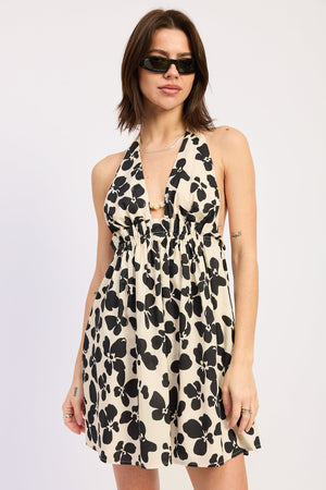 Bead Trim Cinched Waist Mini Halter Dress