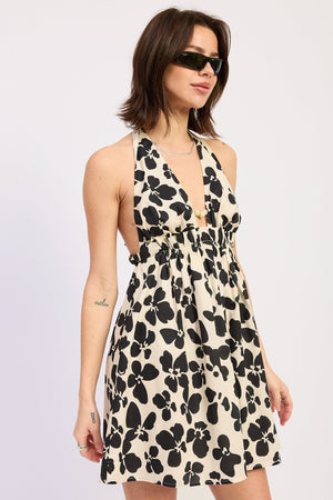 Bead Trim Cinched Waist Mini Halter Dress