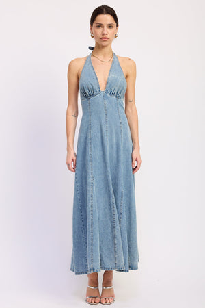 Halter Denim Godet Midi Dress With Grommet Belt