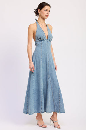 Halter Denim Godet Midi Dress With Grommet Belt