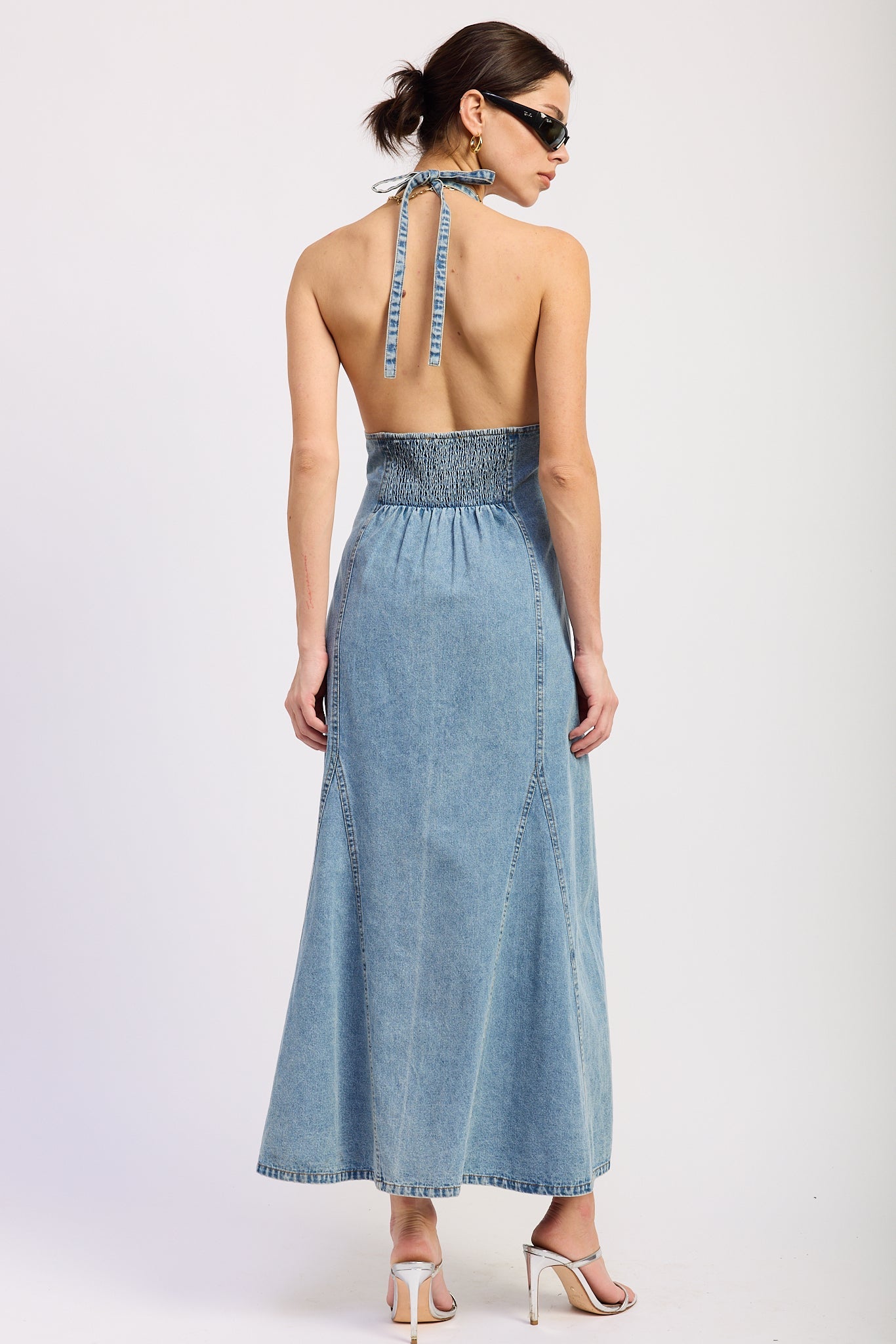 Halter Denim Godet Midi Dress With Grommet Belt