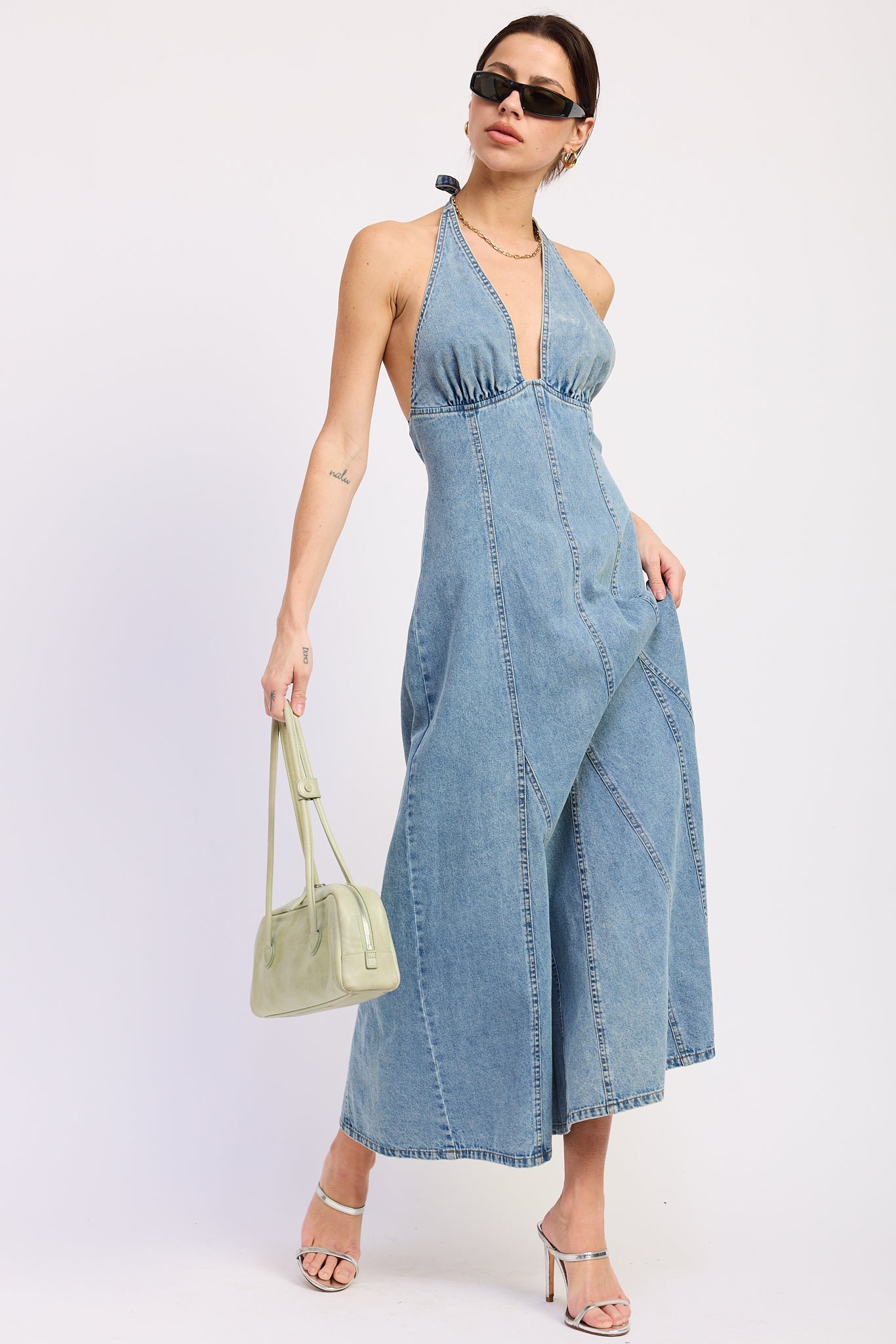 Halter Denim Godet Midi Dress With Grommet Belt
