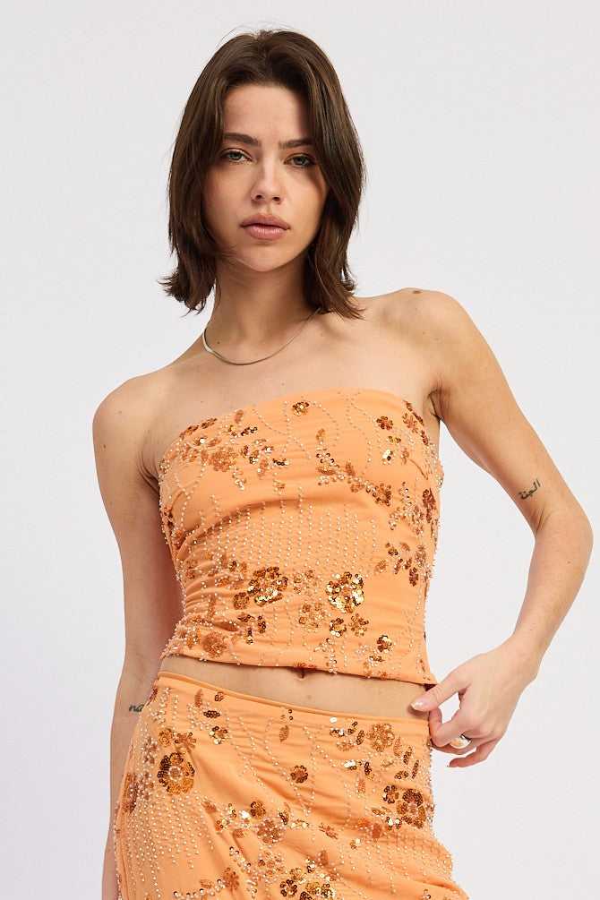Beaded Sequin Tube Top - Orange, Black or Ivory