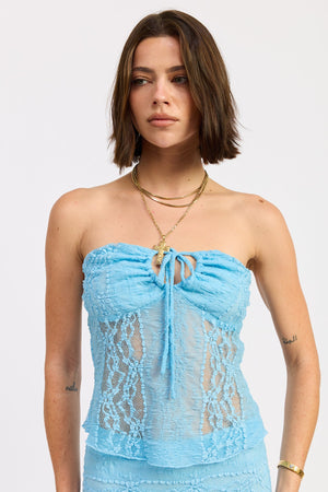 Keyhole Strapless Top With Front Tie - Baby Blue, Yellow, Burgundy, Ivory, Black
