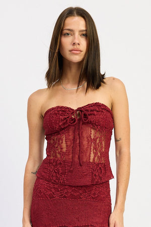 Keyhole Strapless Top With Front Tie - Baby Blue, Yellow, Burgundy, Ivory, Black