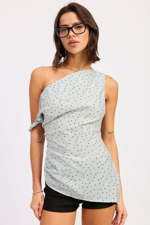 Polka Dot Asymmetrical Shoulder Tunic Top - Baby Blue, Butter Yellow