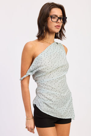 Polka Dot Asymmetrical Shoulder Tunic Top - Baby Blue, Butter Yellow