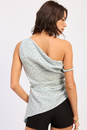 Polka Dot Asymmetrical Shoulder Tunic Top - Baby Blue, Butter Yellow