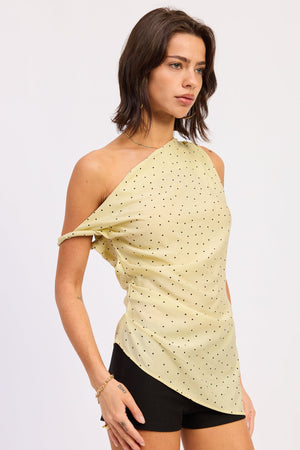 Polka Dot Asymmetrical Shoulder Tunic Top - Baby Blue, Butter Yellow