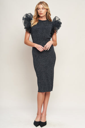 VOLUMINOUS POWER METALLIC MIDI DRESS