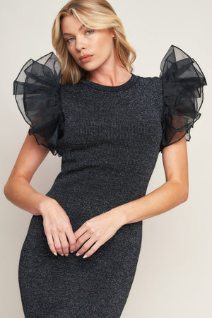 VOLUMINOUS POWER METALLIC MIDI DRESS