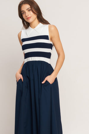 STRIPE ELEGANCE SWEATER WOVEN MIDI DRESS