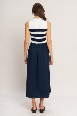STRIPE ELEGANCE SWEATER WOVEN MIDI DRESS
