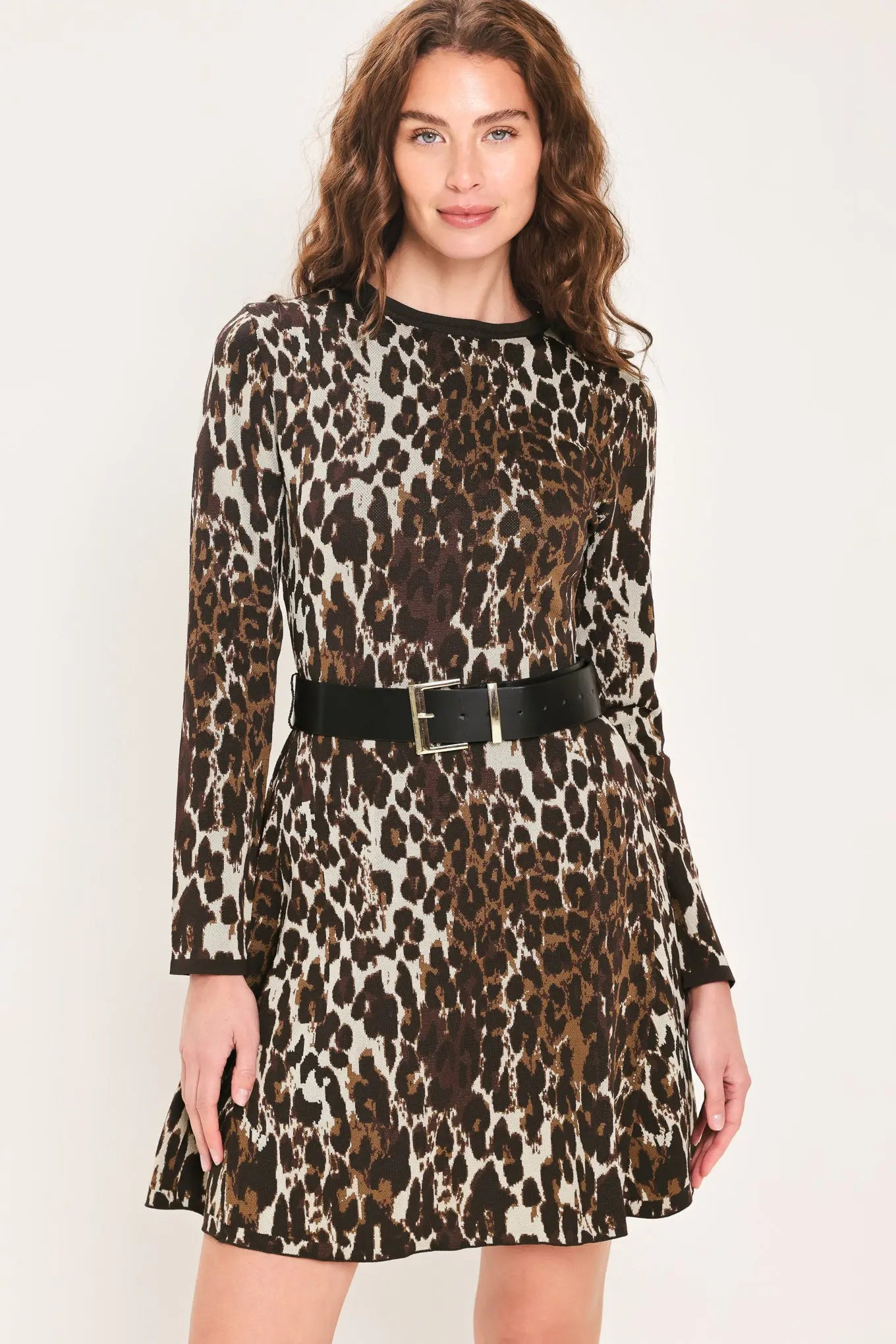 WILDLY POLISHED LEOPARD BELTED SWEATER MINI DRESS