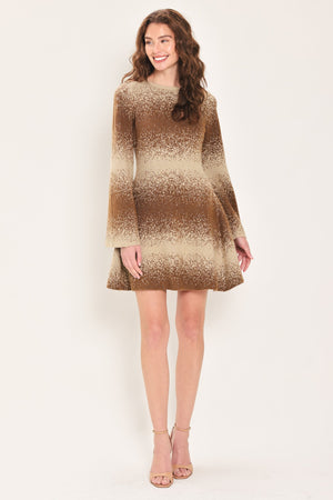 AUTUMN SHIMMER BROWN MULTI LUREX BELL-SLEEVE MINI DRESS