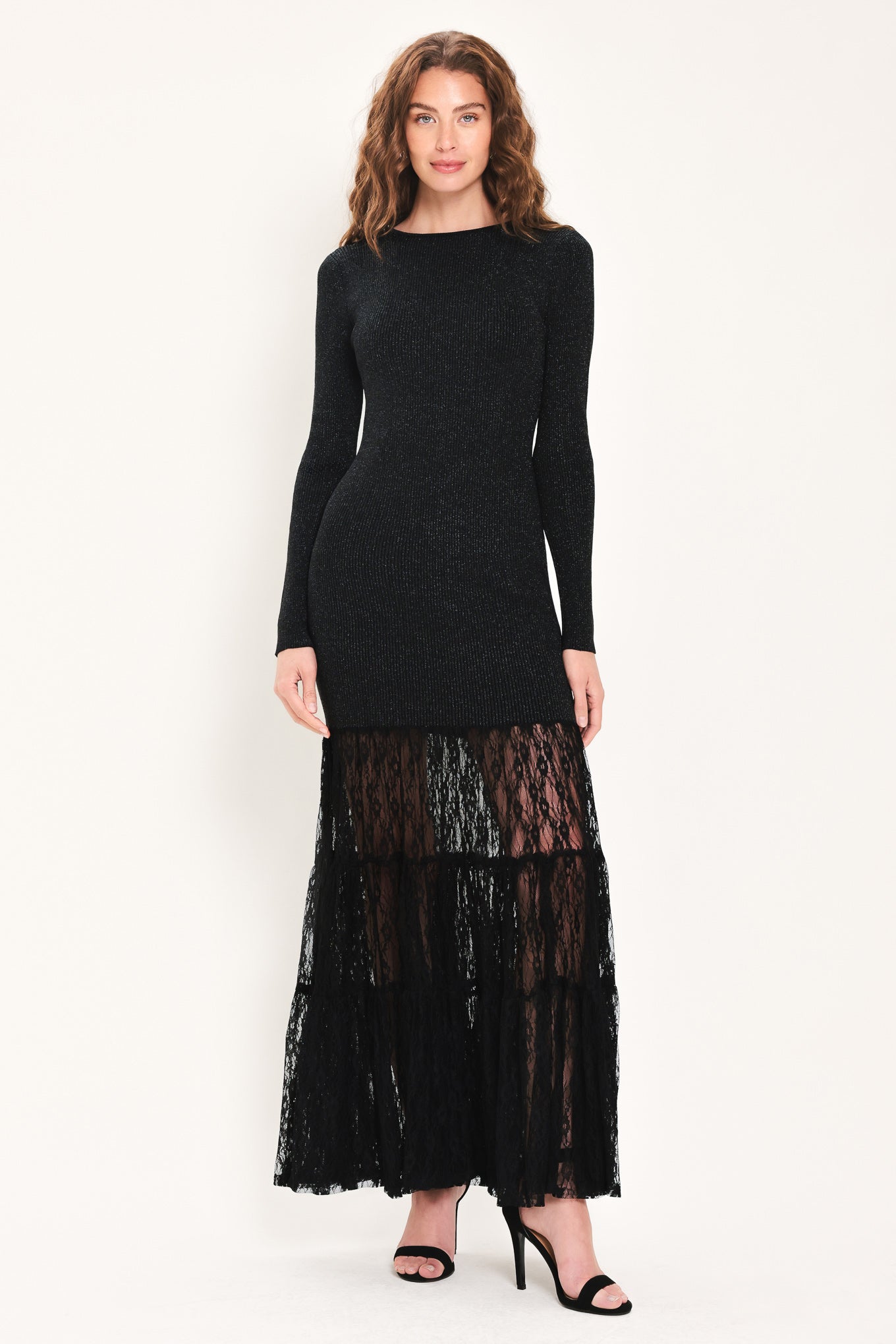 Midnight Shimmer Black Metallic Lace-Hem Sweater Maxi Dress, product photograph