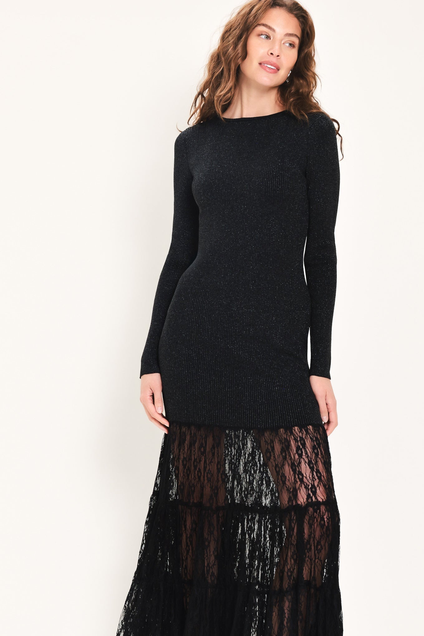 Midnight Shimmer Black Metallic Lace-Hem Sweater Maxi Dress, product photograph