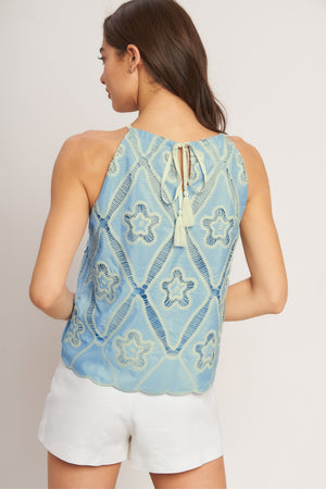 SKY LACE SUMMER HALTER WOVEN TOP