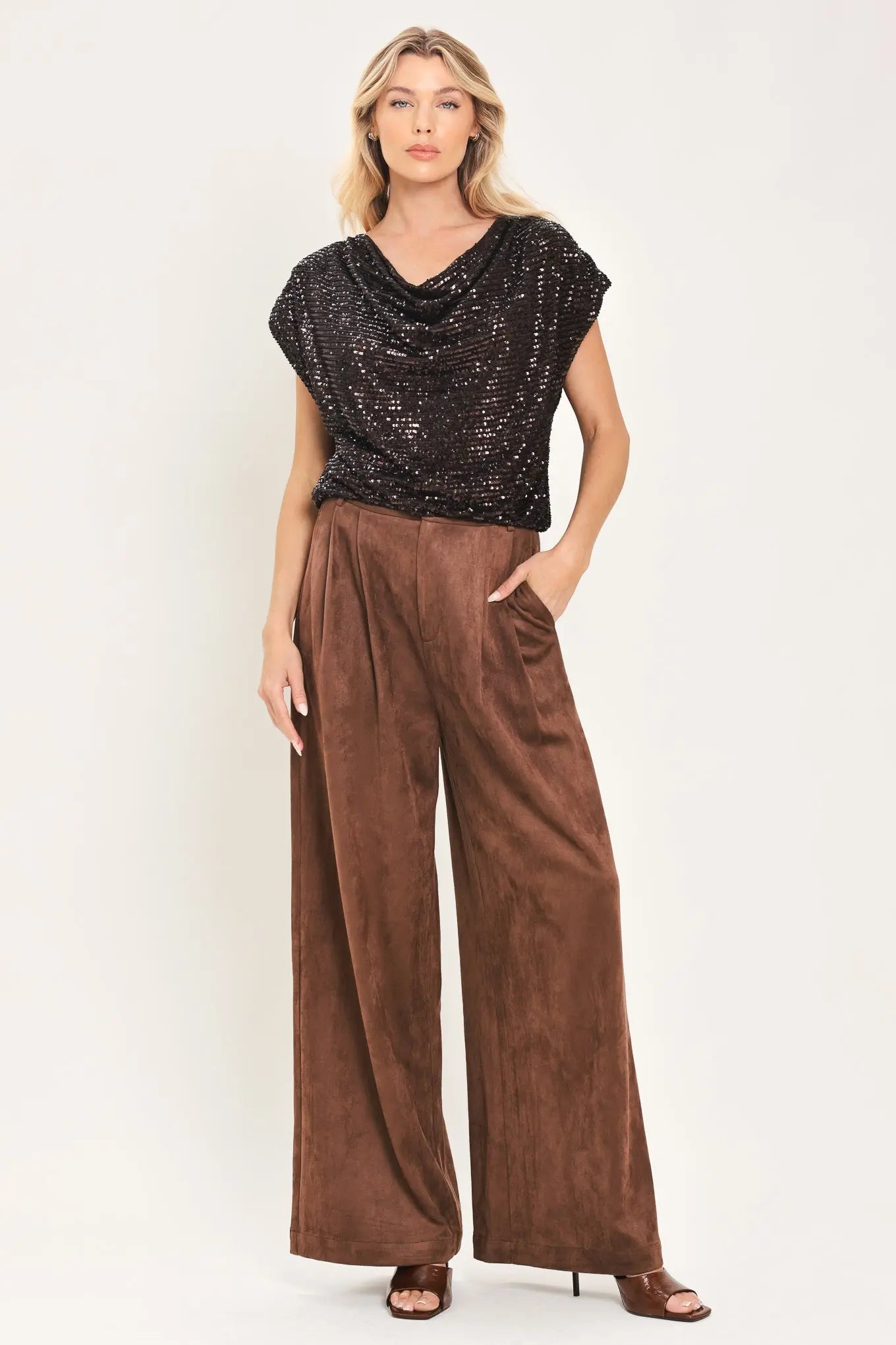 BRONZE GLOW BROWN SEQUIN COWL-NECK DOLMAN TOP