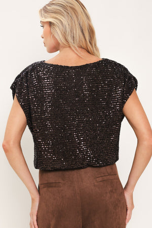 BRONZE GLOW BROWN SEQUIN COWL-NECK DOLMAN TOP