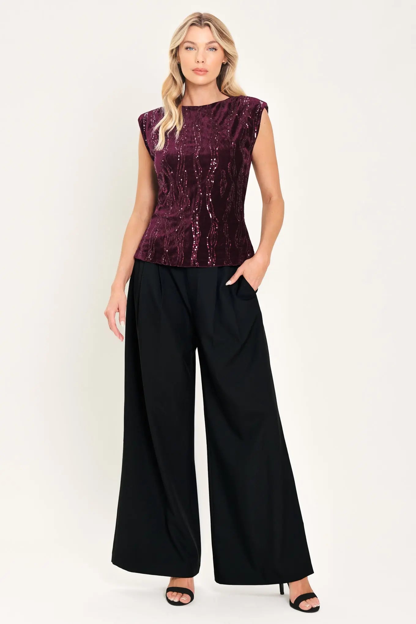 BURGUNDY SPARK BURGUNDY SEQUIN VELVET PADDED-SHOULDER TOP