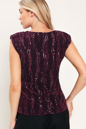 BURGUNDY SPARK BURGUNDY SEQUIN VELVET PADDED-SHOULDER TOP