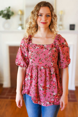 Just So Sweet Dusty Rose Floral Print Smocked Puff Sleeve Top