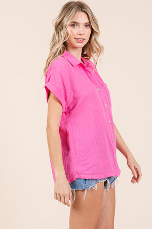 Double Gauze Short Sleeve V Neck Collared Shirts by RolyPoly Apparel