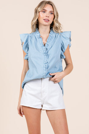 Ruffle Cap Sleeve V Neck Button Down Cotton Tops by RolyPoly Apparel