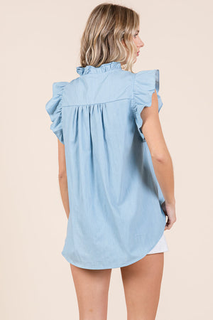 Ruffle Cap Sleeve V Neck Button Down Cotton Tops by RolyPoly Apparel