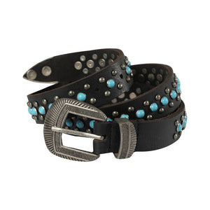 Midnight Ranger Western Leather Belt - Calfskin with Turquoise Stones