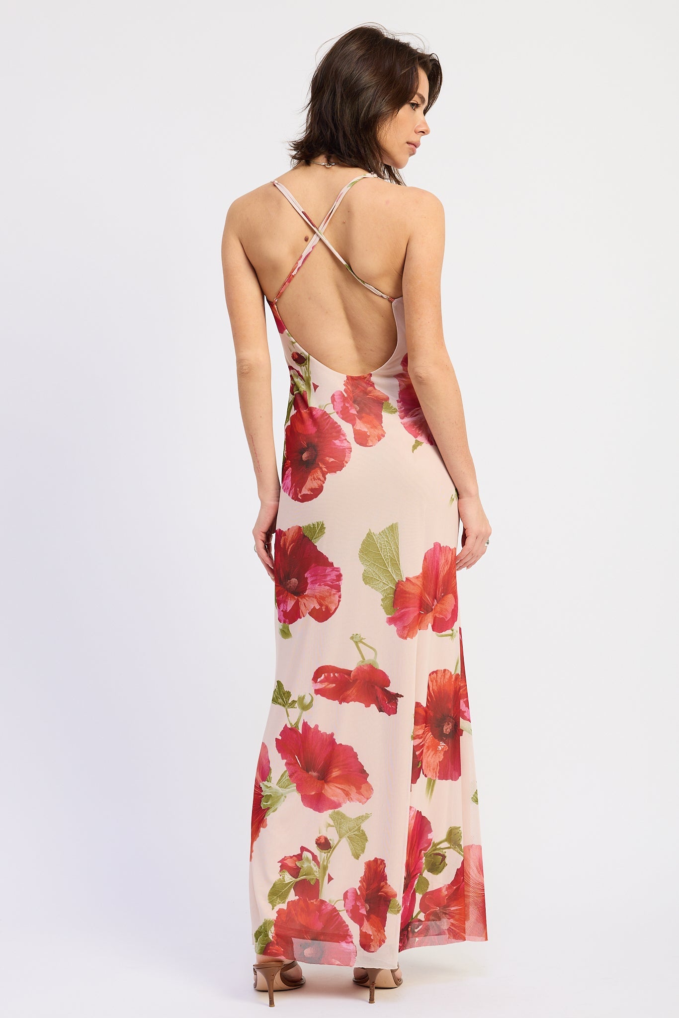 Floral Pattern Halter Cross Back Maxi Dress