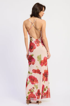 Floral Pattern Halter Cross Back Maxi Dress