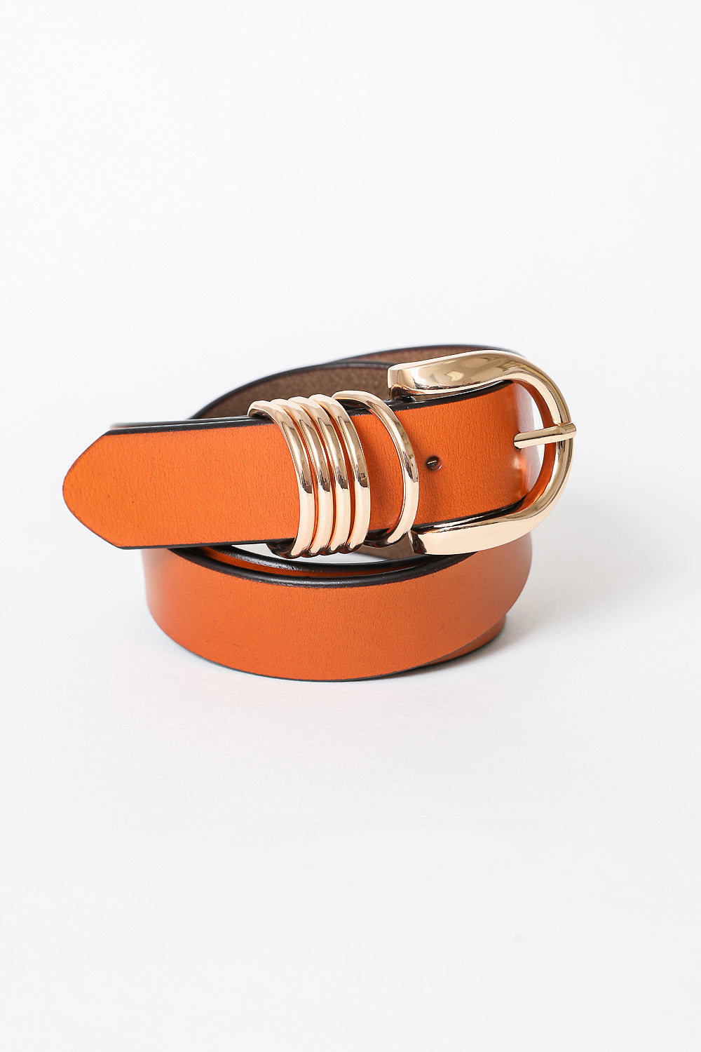 Camel Leather Belt – Gold Buckle & Accent Ring Detail