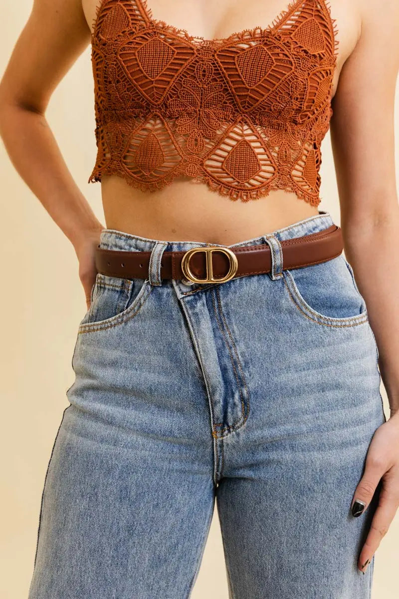 Symmetric Golden Buckle Leather Belt for Women in camel, styled product photo