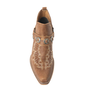 Western Ember Ankle Booties for Women – Embroidered Leather with Buckled Straps, Pointed Toe & Stacked Low Heel