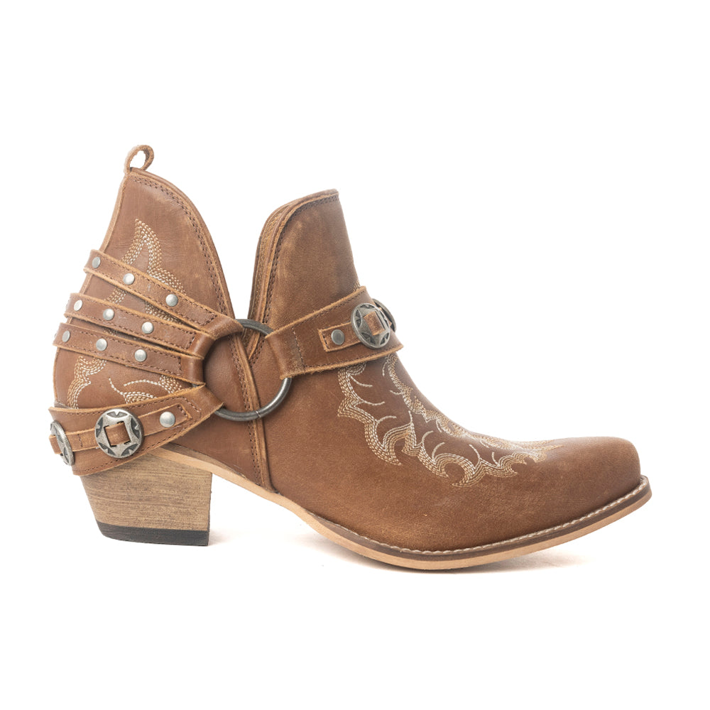 Western Ember Ankle Booties for Women – Embroidered Leather with Buckled Straps, Pointed Toe & Stacked Low Heel