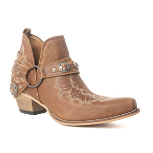 Western Ember Ankle Booties for Women – Embroidered Leather with Buckled Straps, Pointed Toe & Stacked Low Heel