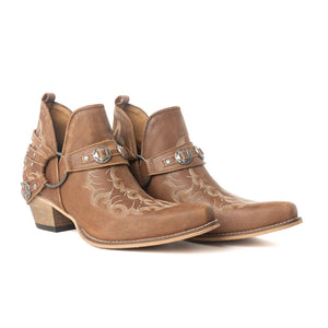 Western Ember Ankle Booties for Women – Embroidered Leather with Buckled Straps, Pointed Toe & Stacked Low Heel