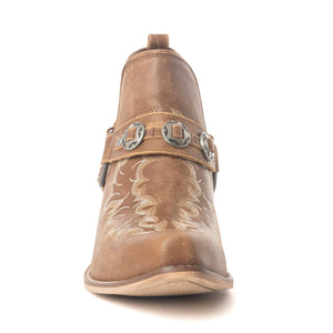 Western Ember Ankle Booties for Women – Embroidered Leather with Buckled Straps, Pointed Toe & Stacked Low Heel