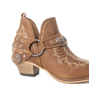 Western Ember Ankle Booties for Women – Embroidered Leather with Buckled Straps, Pointed Toe & Stacked Low Heel