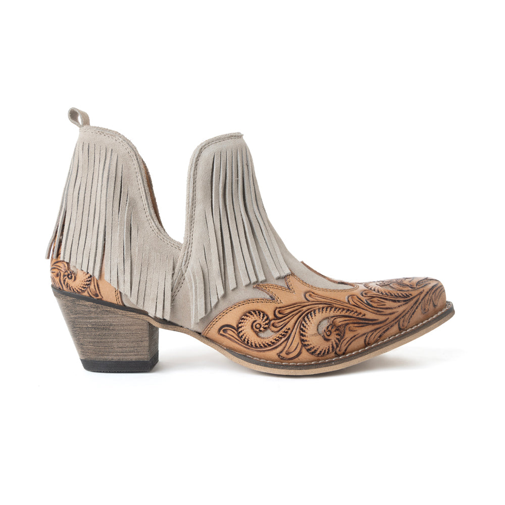 Cimarron Belle Fringed Hand-Tooled Leather Booties in Wild Tan