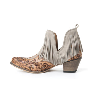 Cimarron Belle Fringed Hand-Tooled Leather Booties in Wild Tan