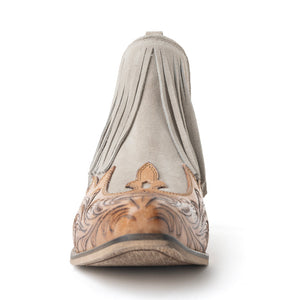 Cimarron Belle Fringed Hand-Tooled Leather Booties in Wild Tan