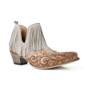 Cimarron Belle Fringed Hand-Tooled Leather Booties in Wild Tan