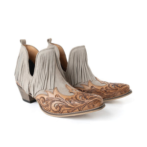 Cimarron Belle Fringed Hand-Tooled Leather Booties in Wild Tan