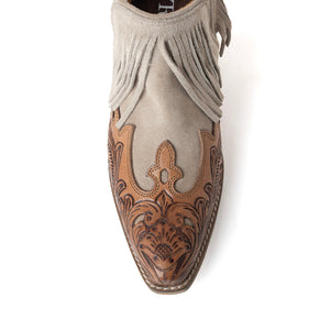 Cimarron Belle Fringed Hand-Tooled Leather Booties in Wild Tan