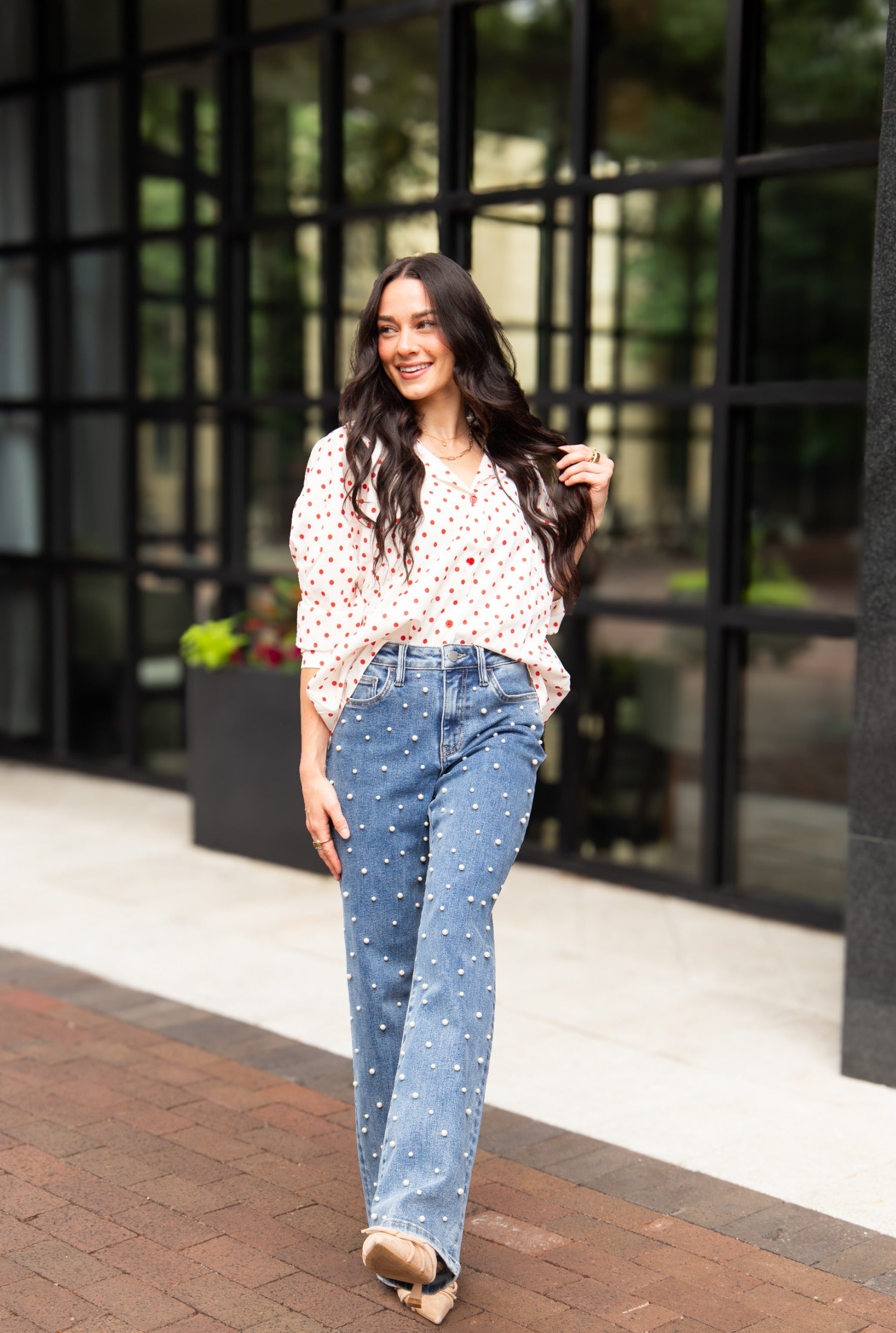 Classic Button Up Shirt - White With Red Polka Dots