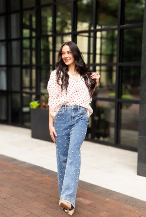 Classic Button Up Shirt - White With Red Polka Dots